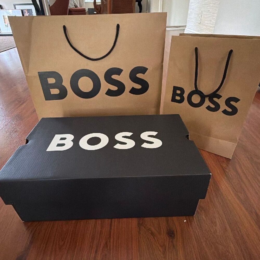 BOSS shoebox and two craft paper, shopping bag bags, large medium